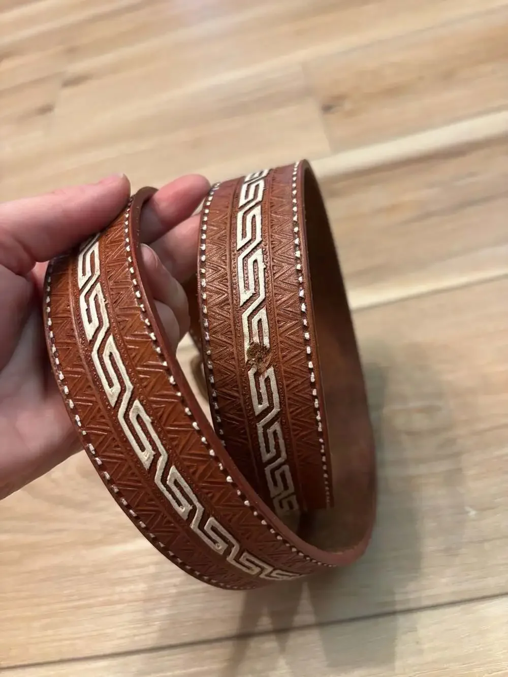 Handmade Mexican Leather Western Belt with Greek Key Embroidery